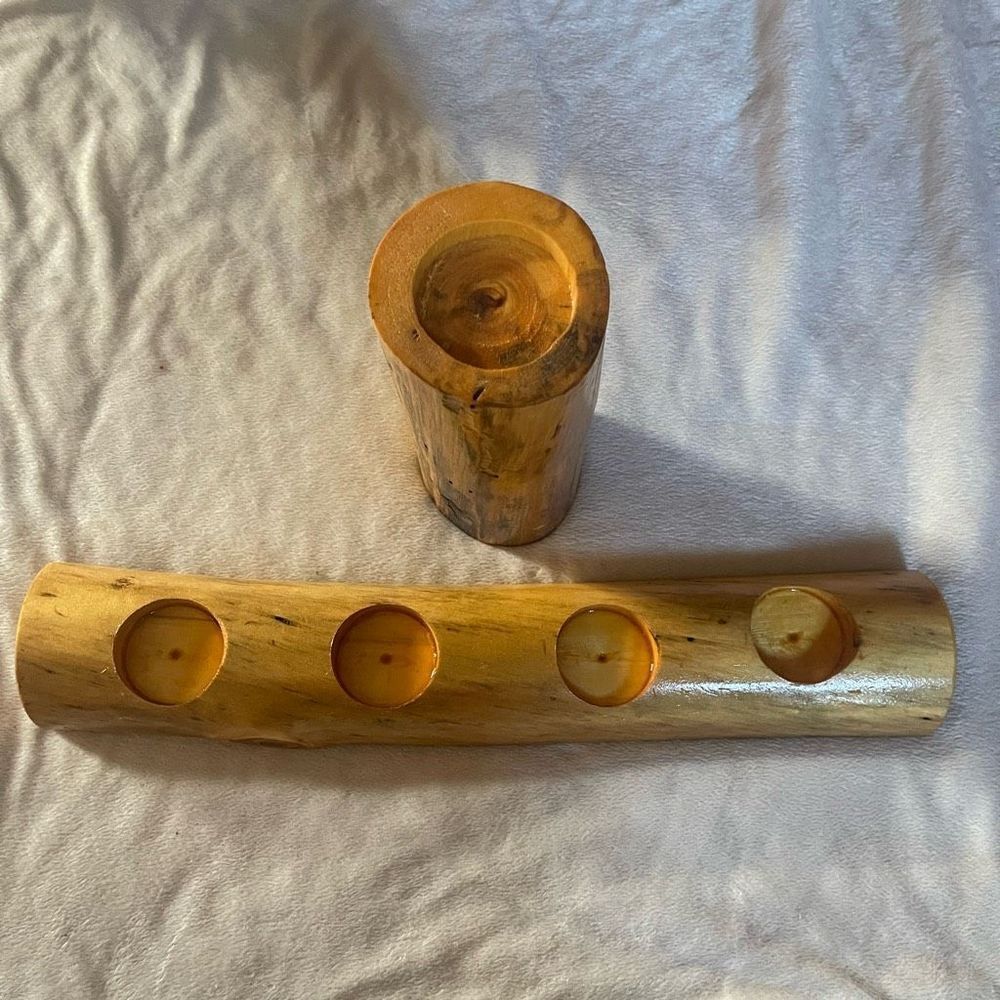 Pine wood rustic candle holders set handmade votive, tea light holders